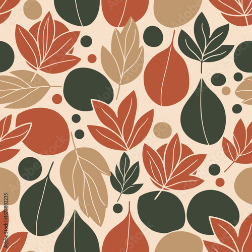 Geometric Pattern of Abstract Autumn Leaves and Circles in Seamless Repeating Warm Earth Tones
