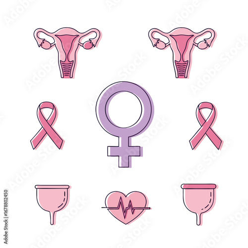 Women’s Health Icons Collection Featuring Uterus Illustrations, Female Symbol, Pink Ribbons, Bladder and Heart Symbols for Medical Education and Awareness