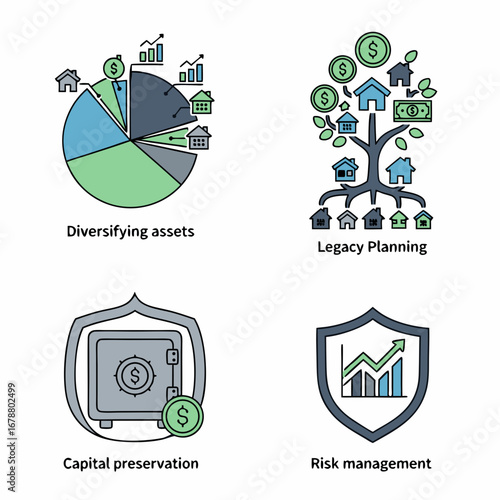 Wealth Management Icon Set Visualizing Diversification Legacy Planning Capital Preservation and Risk Management for Financial Strategy Concepts