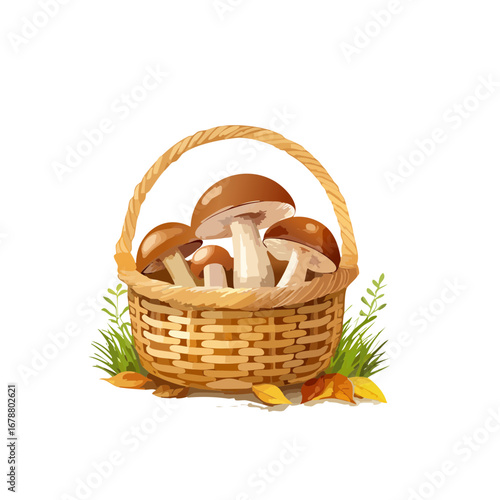 Hyper-realistic artwork of a basket of mushrooms