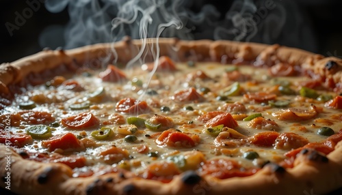 Steaming hot pizza with melted cheese and toppings, close-up.”