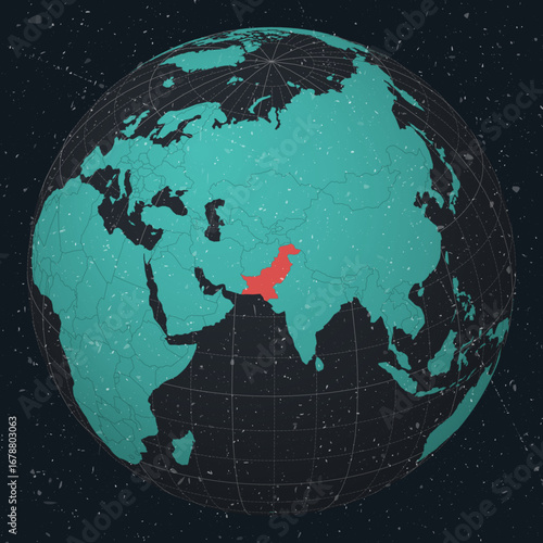 Islamic Republic of Pakistan on Globe. Vintage look with grunge scratched texture. Country view on world map in Dark Charcoal Turquoise color palette. Pakistan shape on map.