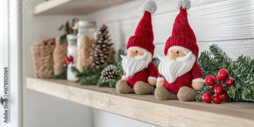 Wallpaper Mural Two knitted Santa Claus figurines sit on a white floating shelf, surrounded by festive decorations. The figurines are red with white hats and beards Torontodigital.ca