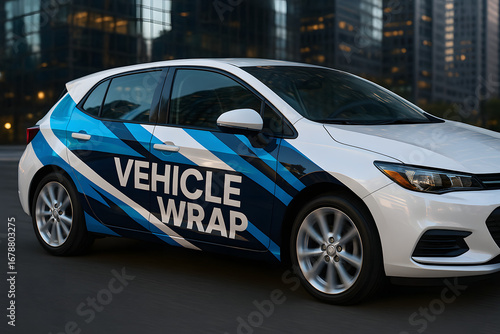 A white hatchback car with a vibrant blue and white graphic wrap featuring the text 