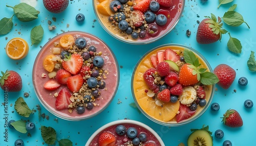 “Top view of colorful smoothie bowls with fresh fruits, bright background.”