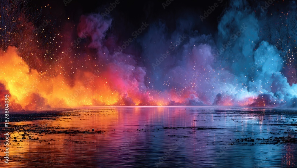 Obraz premium Fiery and ethereal clouds over a mirrored lake. Vivid orange-red and cool blue-pink hues meet on a still body of water, reflecting the dramatic sky. Sparkles accentuate the vibrant clouds