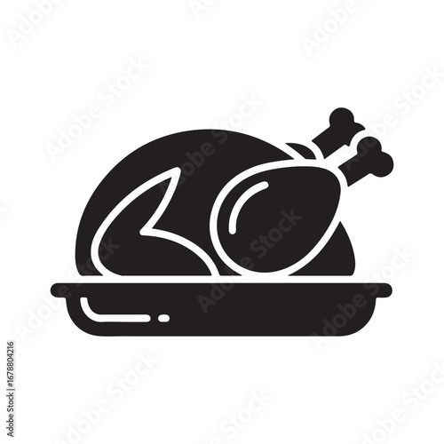 Isolated Silhouette Icon of a Roasted Chicken on a Platter