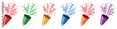 Set confetti party popper icon, fireworks logo, cap, flat design. Vector illustration isolated on white background