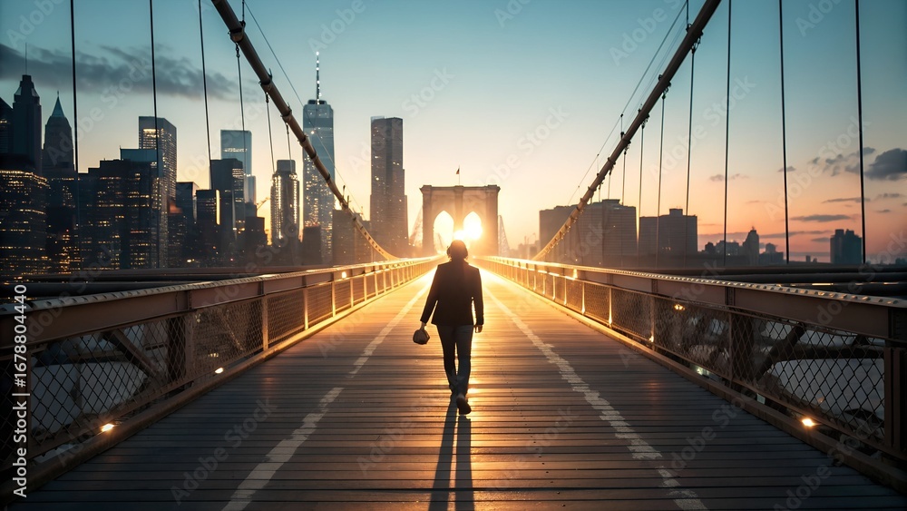 Obraz premium Solitary Figure Walking on the Brooklyn Bridge at Sunrise.