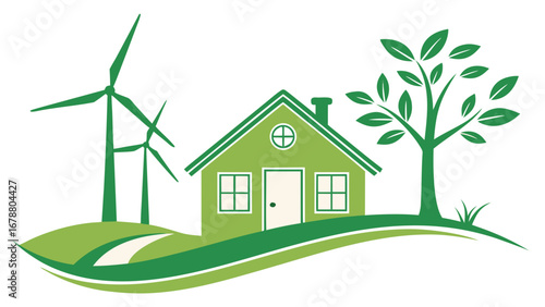 Green energy house with wind turbines and tree
