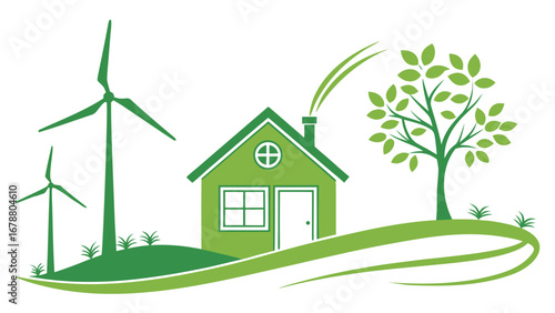 Green energy house with wind turbines and a tree