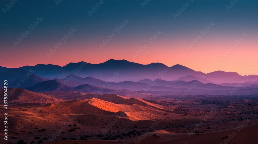 Fototapeta premium A scenic desert landscape at dawn, painted with warm hues of the rising sun. Rolling sand dunes and majestic mountains stretch across the horizon, bathed in a beautiful sunrise glow