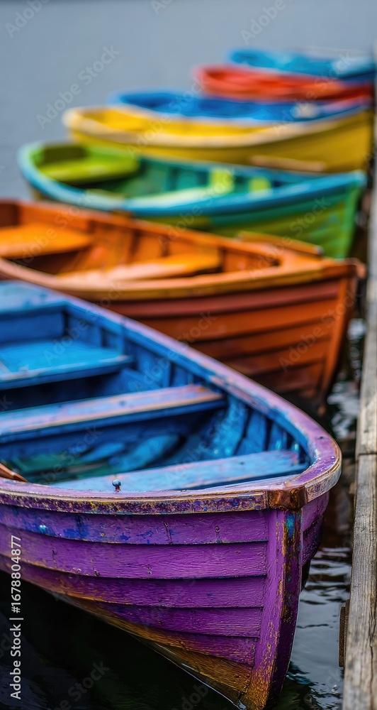 Obraz premium Colorful rowboats lined up at a dock