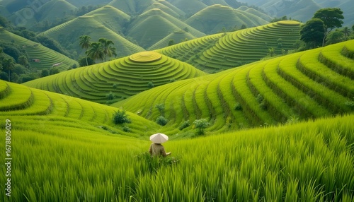 Green rice terraces with farmer working, Southeast Asia landscape.”