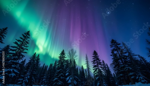 Northern lights over pine forest, long exposure night sky.”