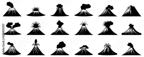 Set of volcano eruption silhouettes, black vector illustration on white background.