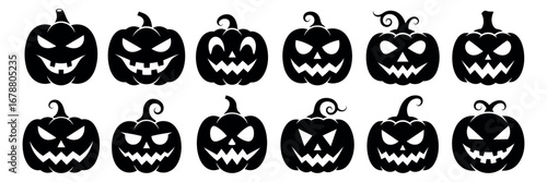 Set of black silhouettes of pumpkins for Halloween, on white background.