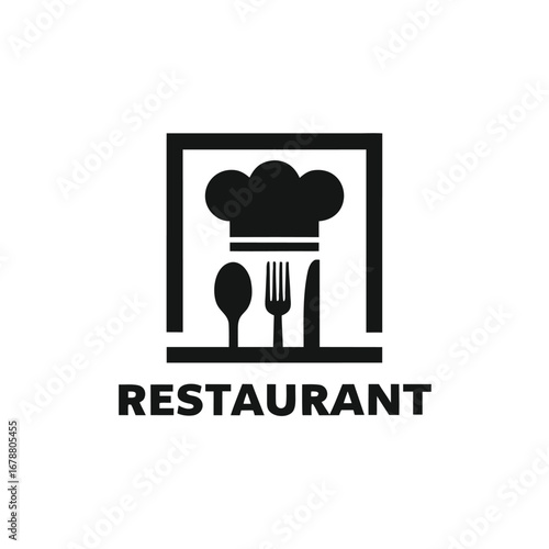 Chef Hat with Spoon, Fork and Knife Icon in Square on White Background