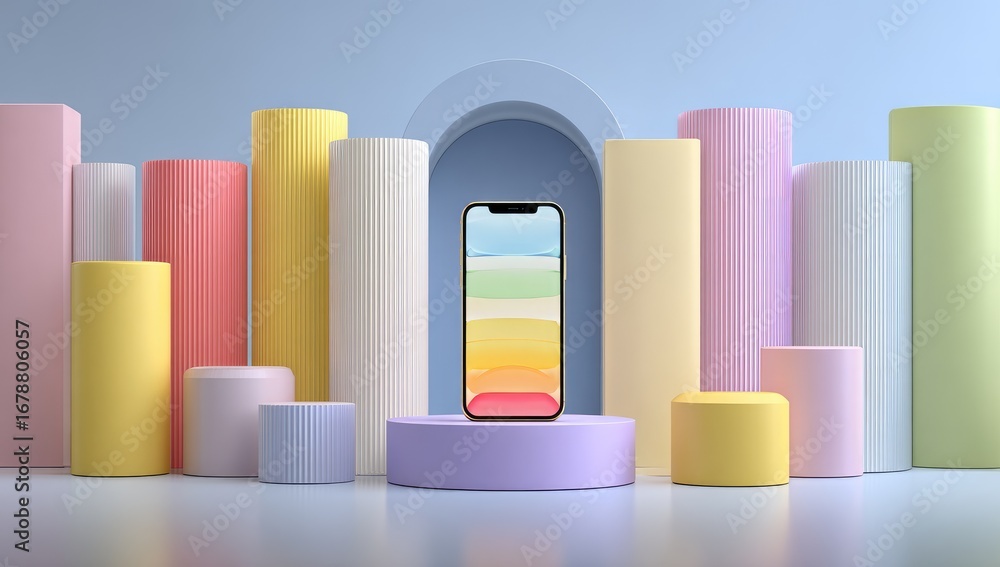 Fototapeta premium Pastel-colored display podium with smartphone