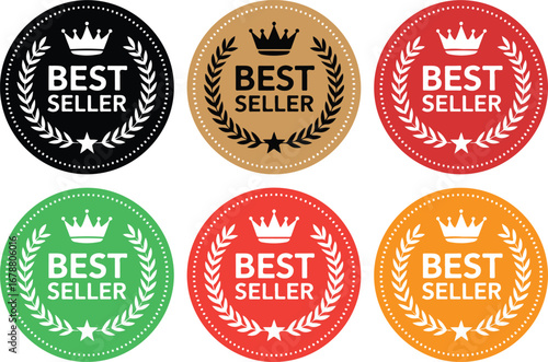 Best Seller Badges Set Crown Laurel Wreath Icons Design