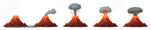 Volcano eruption steps isolated set. Vector graphic design illustration.