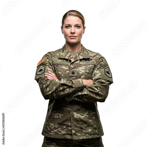 Portrait of a Female army soldier with arms crossed on Isolated transparent background png. generated with AI