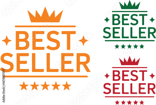 Best Seller Badge Design Crown Stars Award Graphic Orange Green Red