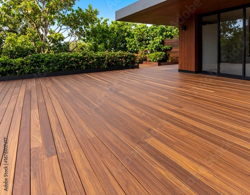 Modern patio deck with lush greenery