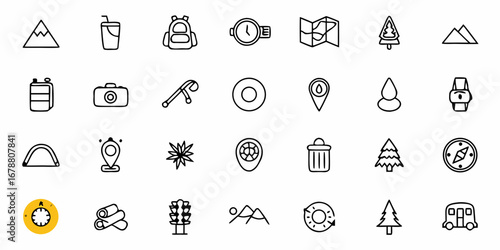 Camping and outdoor adventure icons for hiking, trekking, and exploring nature trails with essential gear