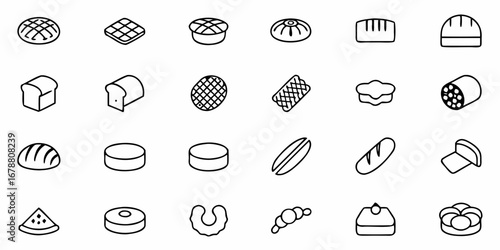 Bakery icons collection offers simple minimalist design for menus or food illustrations, originally a scalable vector