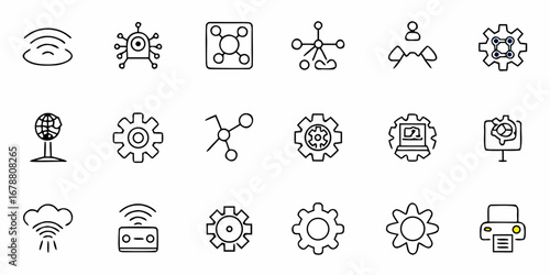 Modern technology icons for business innovation, science, and network solutions, original scalable vector graphic