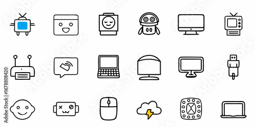 Diverse technology icons set, from vintage TV to modern laptop, create a tech-savvy visual impact
