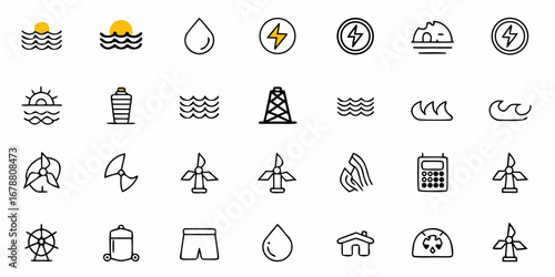 Sustainable living icons showcase renewable energy sources and environmental awareness initiatives