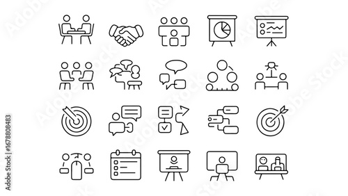 Minimalist black line art icon set for business finance marketing communication productivity startups and teamwork concepts