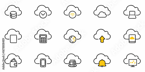 Versatile cloud computing icons for modern tech needs, data storage, and digital solutions in one collection