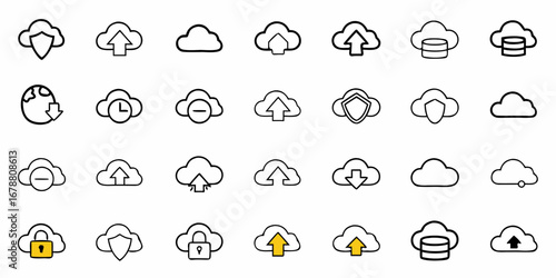 Modern cloud computing icon set for data management and security solutions, ideal for technology interfaces