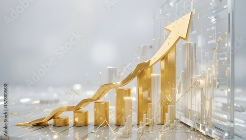 3D golden arrow growing upward on abstract financial graph, success concept.”