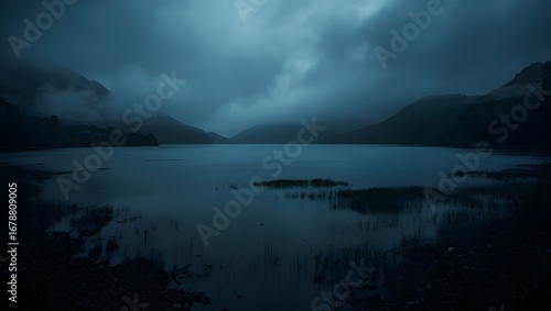 Misty fog over calm lake and river in early morning landscape with soft sky and water reflection
