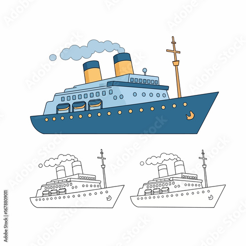 Charming cartoon cruise ship sailing with smoke from chimneys and outline versions for coloring