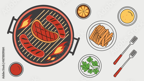 Barbecue grill with sausages steak fries and condiments