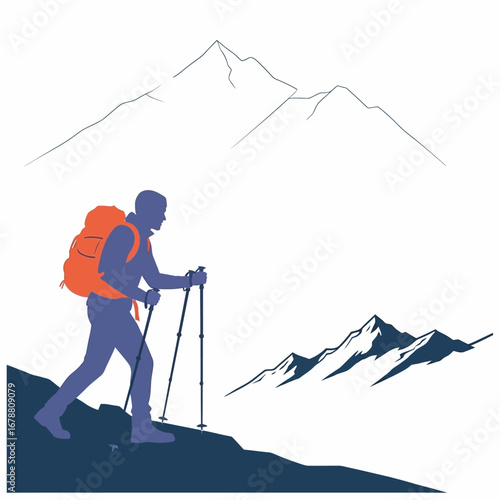 Adventurous hiker with backpack climbs a mountain trail with scenic peaks.
