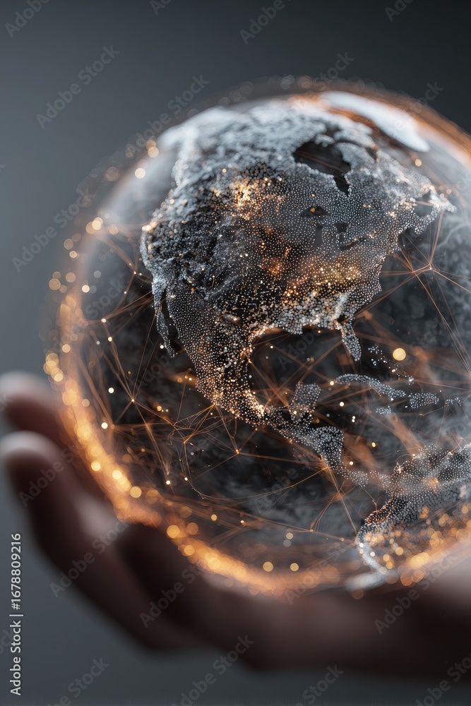 Fototapeta premium Hand holds glowing globe, network lines