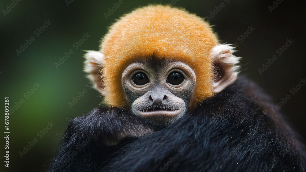 Fototapeta premium Curious gibbon infant peers over mothera??s shoulder in rainforest 32k, full ultra hd, high resolution