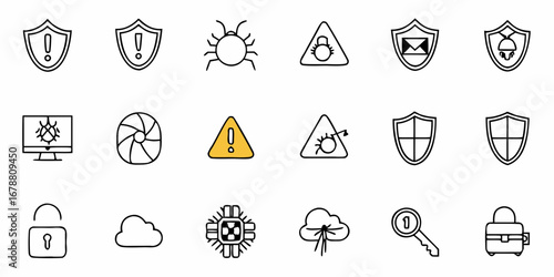 Cybersecurity icons alert to virus threats, cloud protection, and secure systems for digital safety