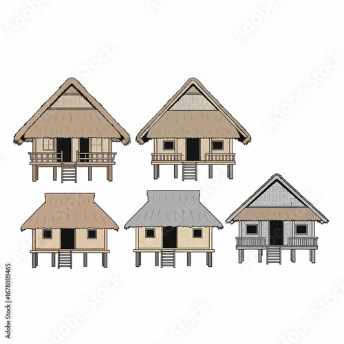 Collection of traditional stilt houses with thatched roofs in a simple illustration