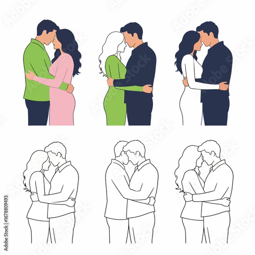 Tender embrace between a couple, showcasing love and connection in diverse styles.