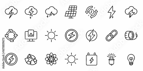 Modern line art showcases renewable energy sources and conservation solutions icons designs