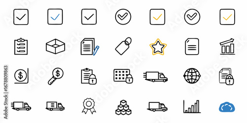 Doodle style icons set for business, logistics, and finance needs in scalable vector graphics format