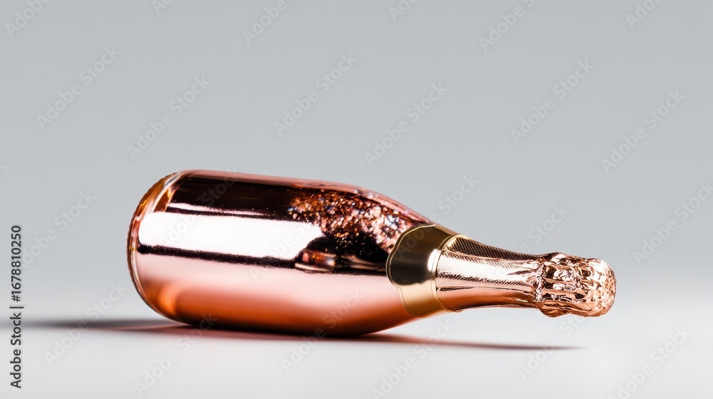 Fototapeta premium This elegantly arranged image features a rose gold champagne bottle, exuding luxury and celebration, perfect for marking special occasions or achievements.