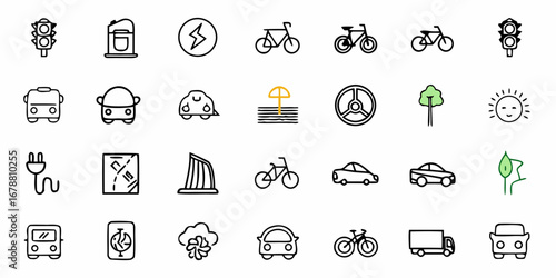 Sustainable living icons represent eco friendly transport and green energy solutions lifestyle choices